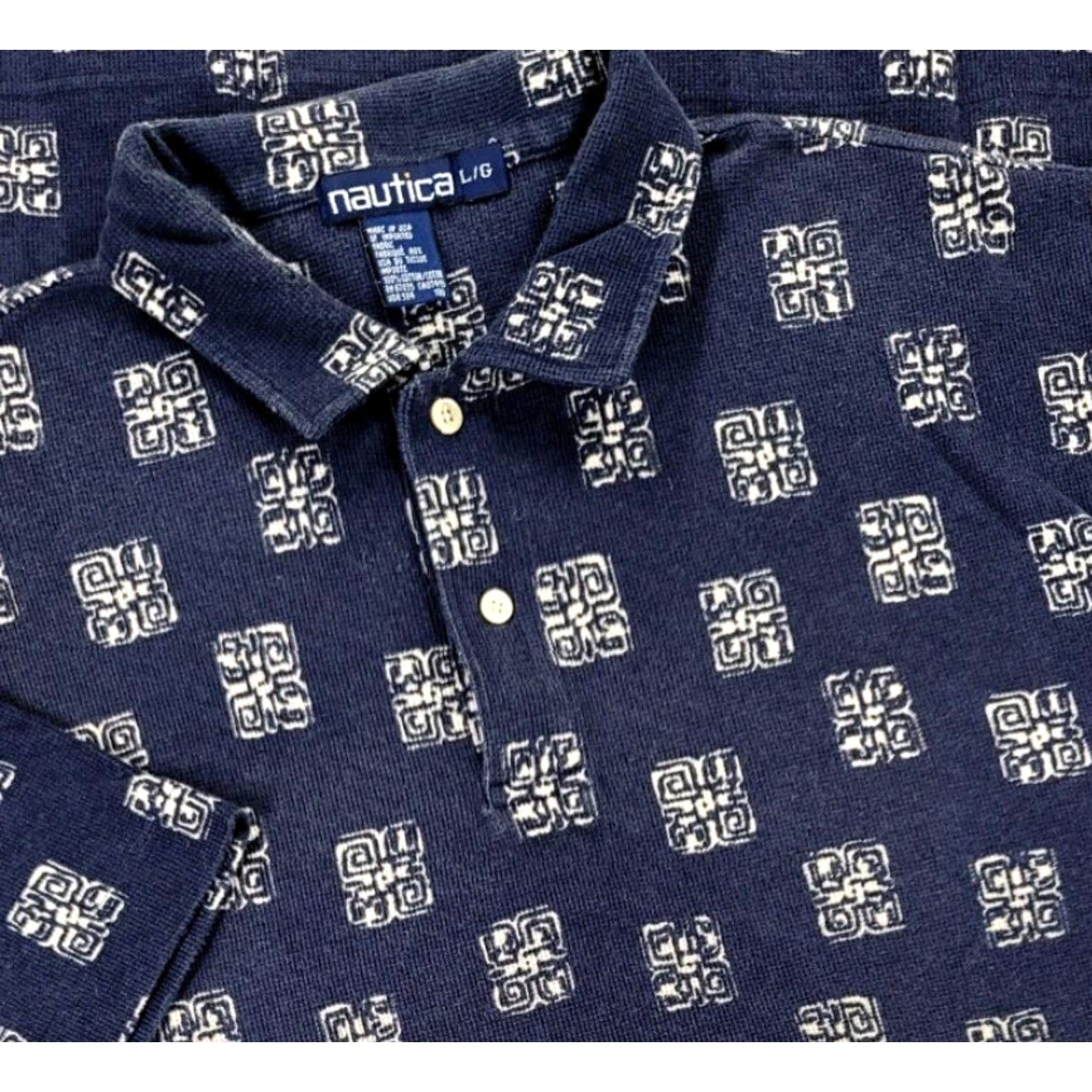 Nautica VINTAGE Nautica Polo Shirt Tribal 90s Blue L Men Short Sleeve Cotton Button Closed Collared Geometric AOP RARE USA Made Shirt Mens Size US L / EU 52-54 / 3 - 2 Thumbnail