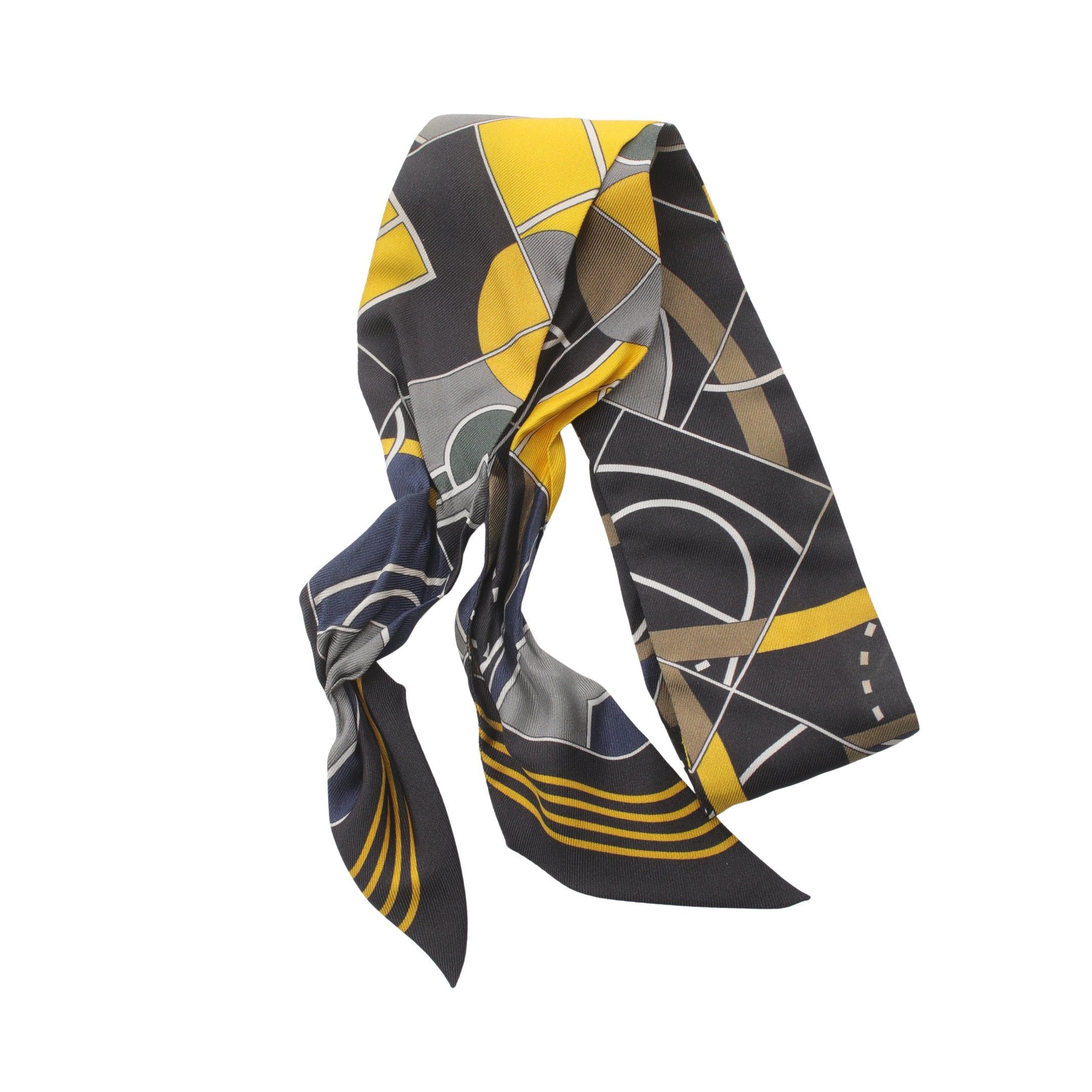 Hermes Twilly Ribbon Scarf Silk Black Yellow Multicolor