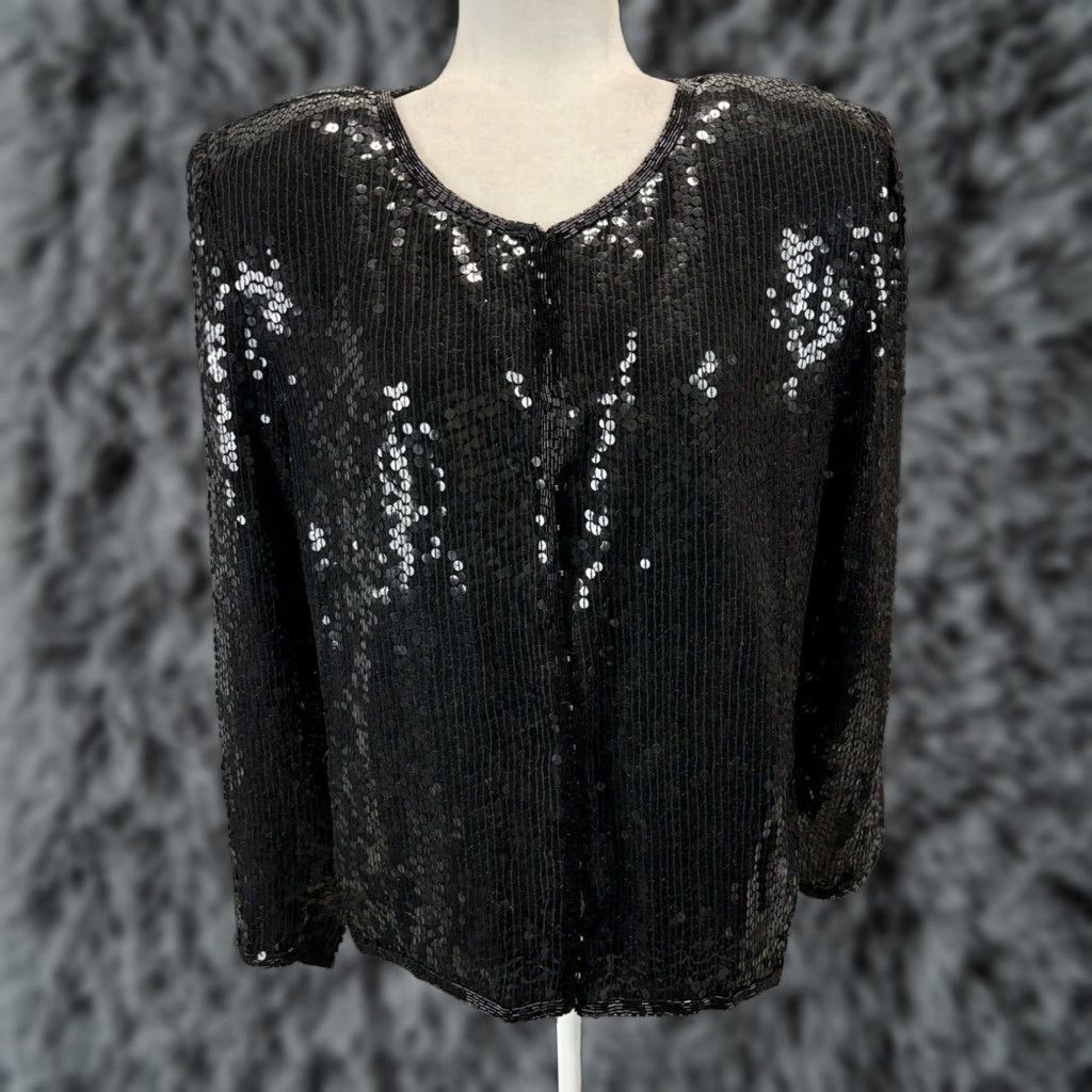 X-LARGE VINTAGE Stenay 100% Silk Sequin Jacket Black XL Women's Formal 80s Size XL / US 12-14 / IT 48-50 - 1 Thumbnail