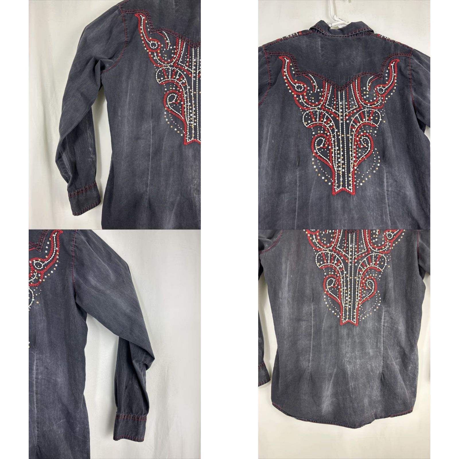 47 VINTAGE Rock 47 by Wrangler Beaded Pearl Snap Shirt Womens Long Sleeve Black Western Beaded Accents Sized L (Chest 22” Length 28” Sleeves 24”) Size L / US 10 / IT 46 - 9 Thumbnail