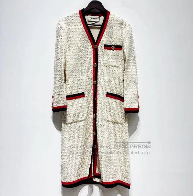 Gucci Webbing edge trim tweed long-sleeved A-shaped dress