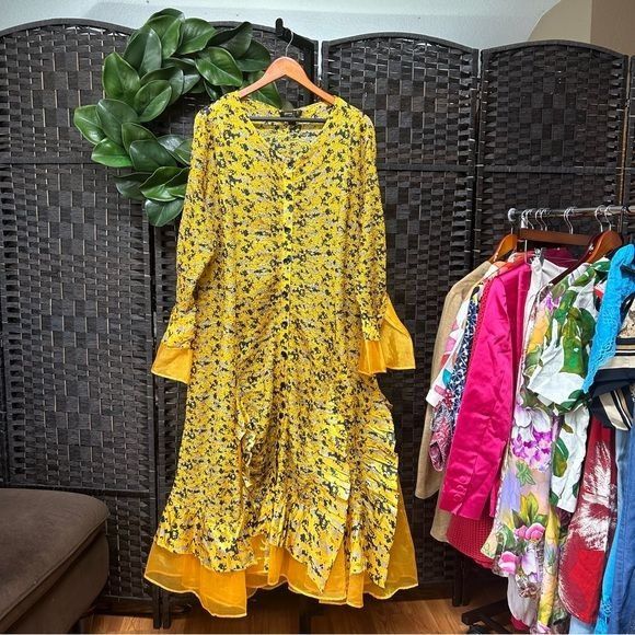 Other Jenny T golden yellow navy blue frilly Aline dress ruched pl Size XL / US 12-14 / IT 48-50 - 3 Thumbnail