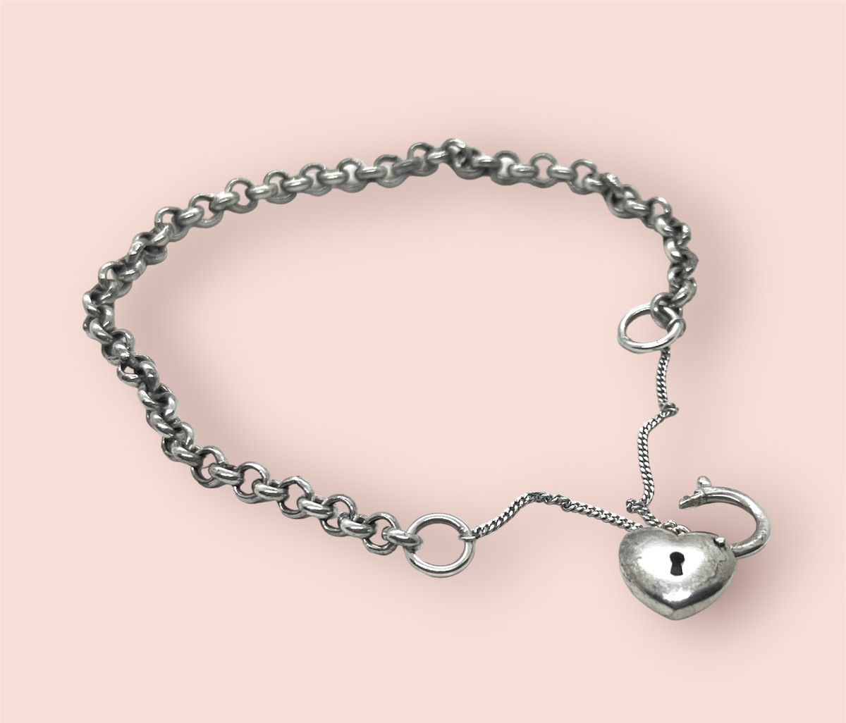 Vintage Vintage Bracelet Silver Belcher Link Heart Lock Charm Size ONE SIZE - 6 Thumbnail