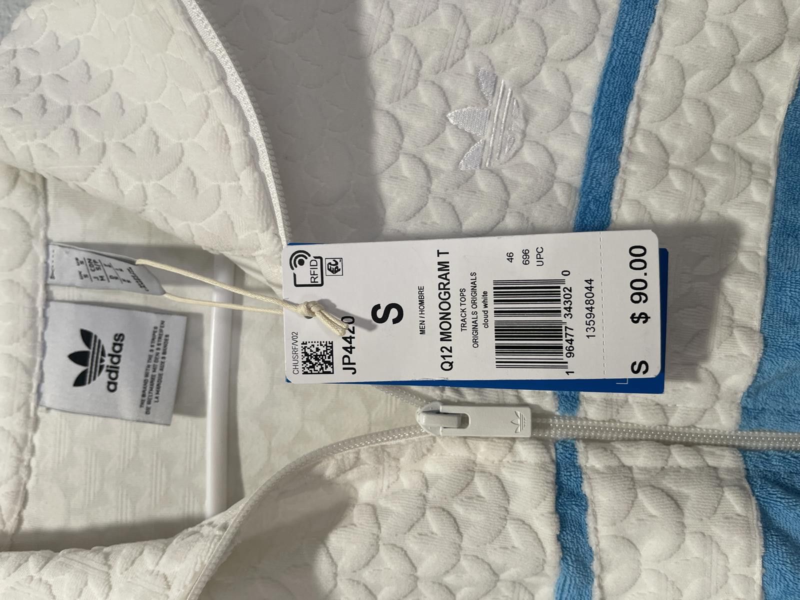 Adidas Adidas Q12 Monogram TT White Zip-Up Jacket with Blue Stripes Size US S / EU 44-46 / 1 - 2 Thumbnail