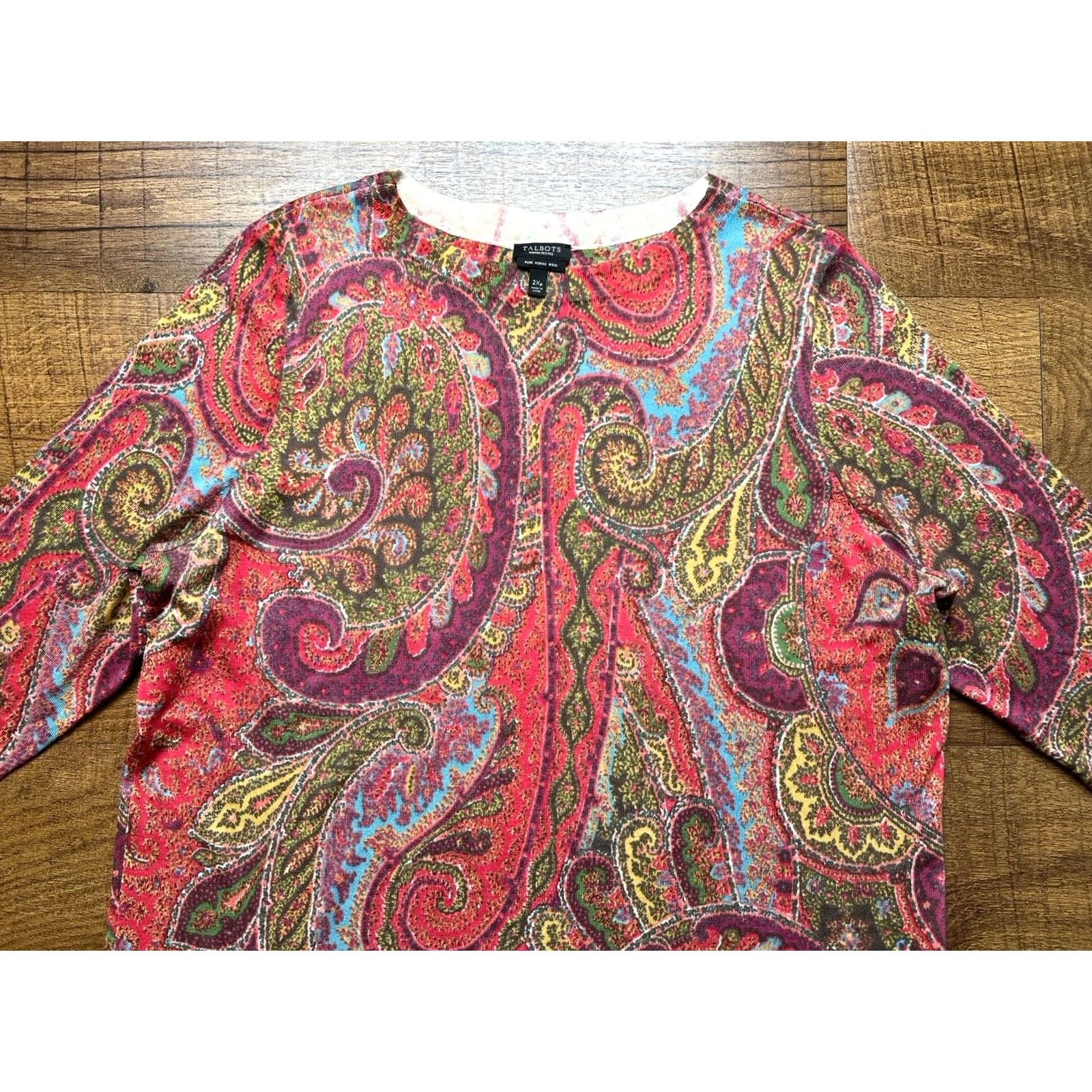 Talbots Talbots Sweater Women’s 2X Plus Petite - 100% Merino Wool Colorful Muted Paisley - Pullover Knit 3/4 Sleeve Round Neck Womens Size XXL / US 16-18 / IT 52-54 - 2 Thumbnail