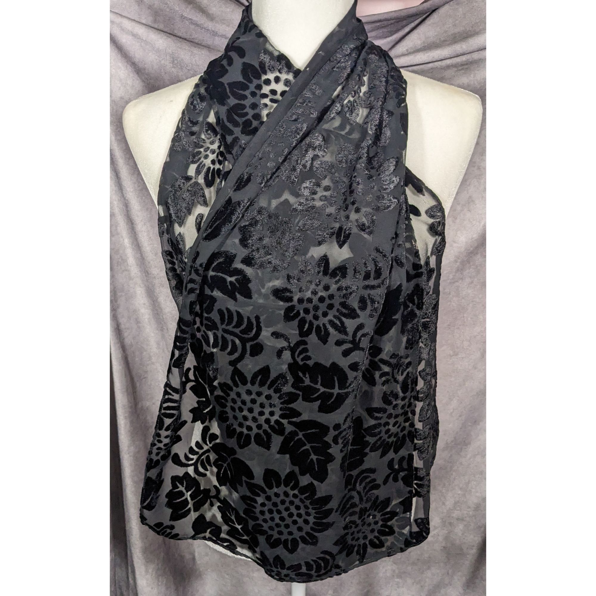 Other Gothic Floral Black Velvet Burnout Scarf Size ONE SIZE - 6 Thumbnail