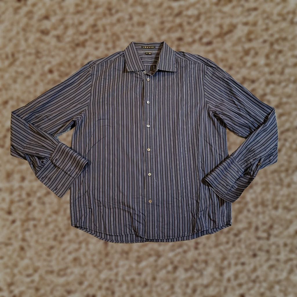 Theory Theory Shirt Mens XL Black Blue Striped Button French Cuff Long Sleeve Career Shirt Size US XL / EU 56 / 4 - 1 Thumbnail