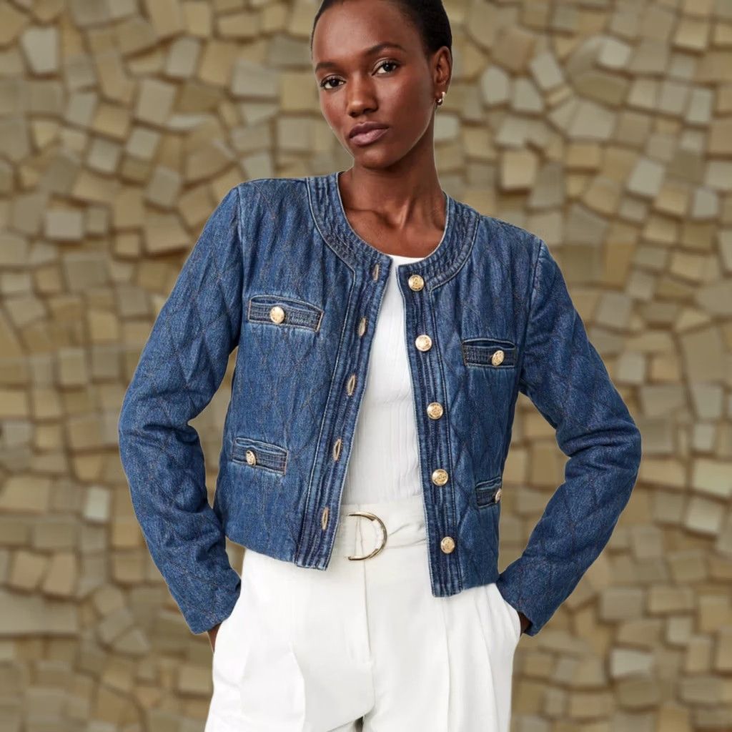 Ann Taylor NWT Ann Taylor Quilted Denim Jacket Petite XL Cropped Dark Wash Blue Button Pocket Collarless Lightweight Lined Short Jacket Women Size XL / US 12-14 / IT 48-50 - 1 Thumbnail