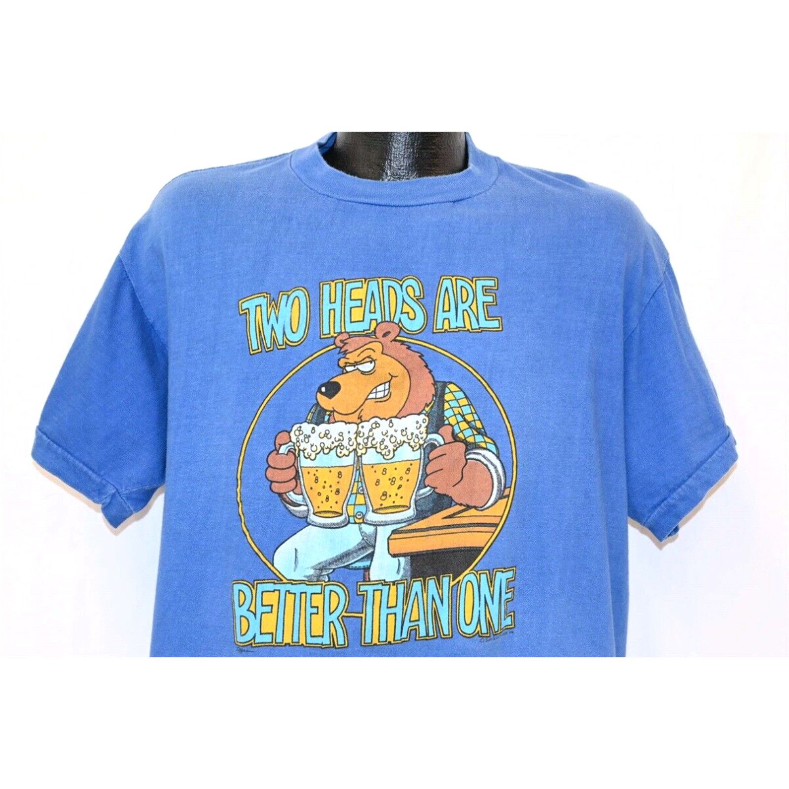 image of Vintage VTG 90's Two Heads Better Than One Beer Bear Cartoon Funny Humor Joke T-Shirt XL in White