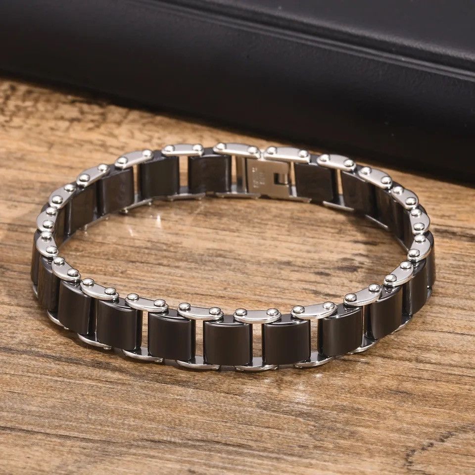Jewelry × Vintage Black Ceramic Bracelet Natural Stone Link Chain Wristband Size ONE SIZE - 6 Thumbnail