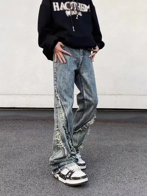 Japanese Brand × Jean Vintage washed fringed raw edge straight-leg jeans Size US 32 / EU 48 - 3 Thumbnail