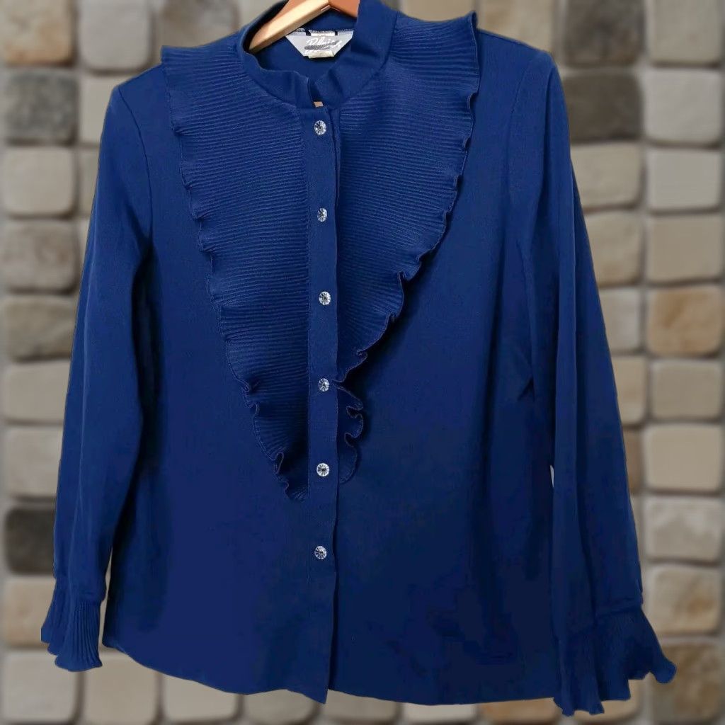 Blair VINTAGE Blair Petite Blouse Button-Up Navy Blue 16P Long Sleeve Ruffle Stretch Polyester Woman/Womens Shirt Button-Up Casual Dressy Size XXL / US 16-18 / IT 52-54 - 1 Thumbnail