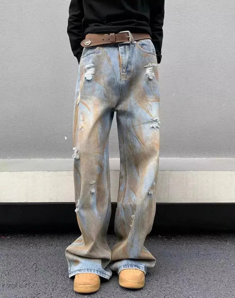 Japanese Brand Retro loose drape distressed jeans Size US 32 / EU 48 - 2 Thumbnail