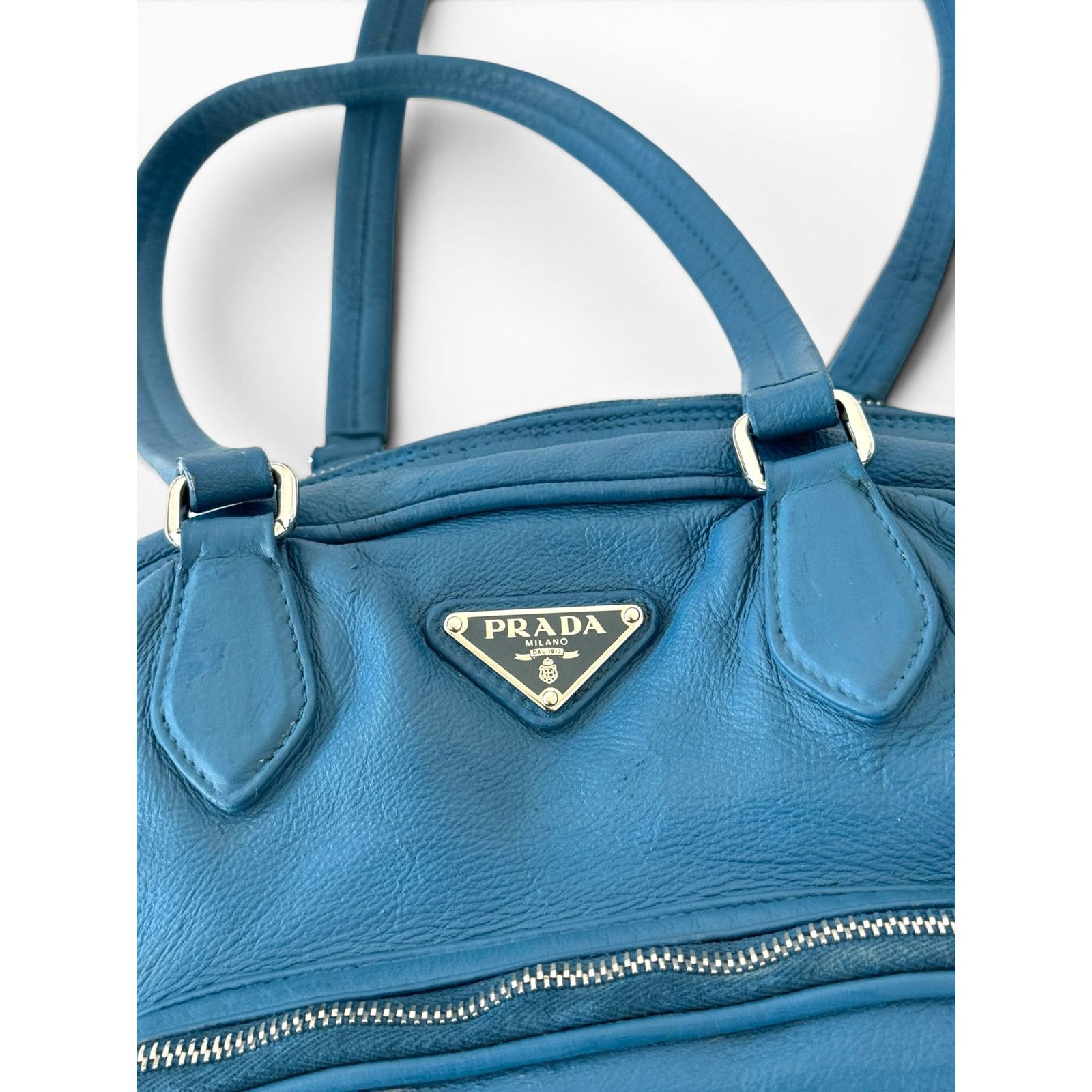 Prada Prada Bowling Leather Blue Bag Size ONE SIZE - 7 Thumbnail
