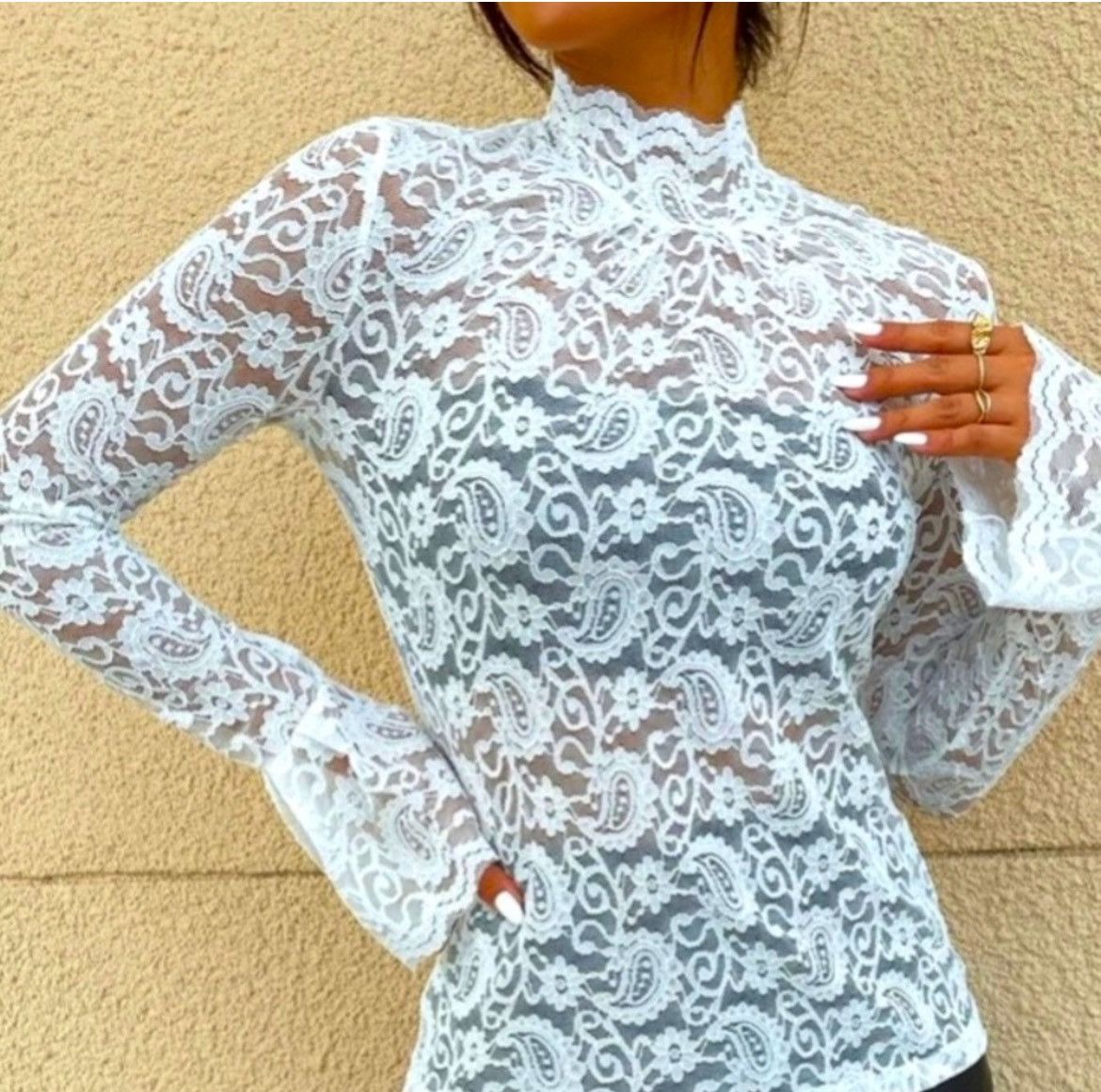 Designer × Other NWT, Lavishly Paris Women’s White Lace Mock Neck Size M / US 6-8 / IT 42-44 - 5 Thumbnail