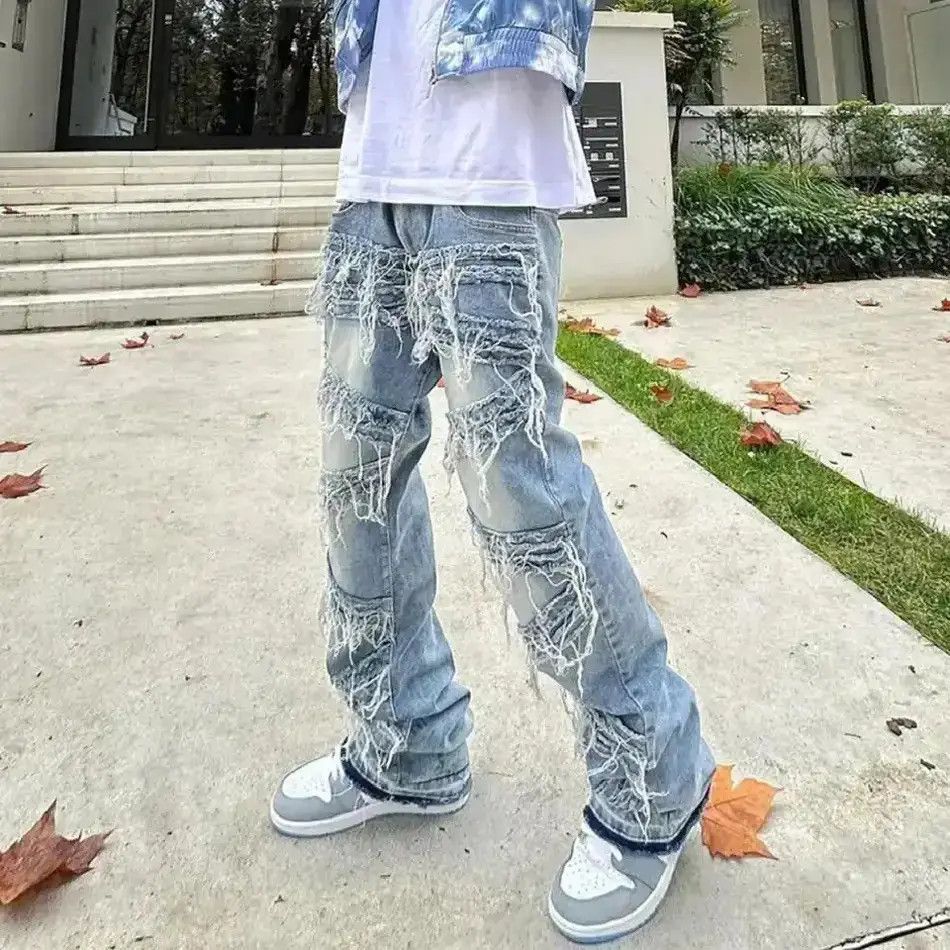 Japanese Brand High Street Loose Male Stacked Spliced Straight Denim Pants Size US 32 / EU 48 - 3 Thumbnail