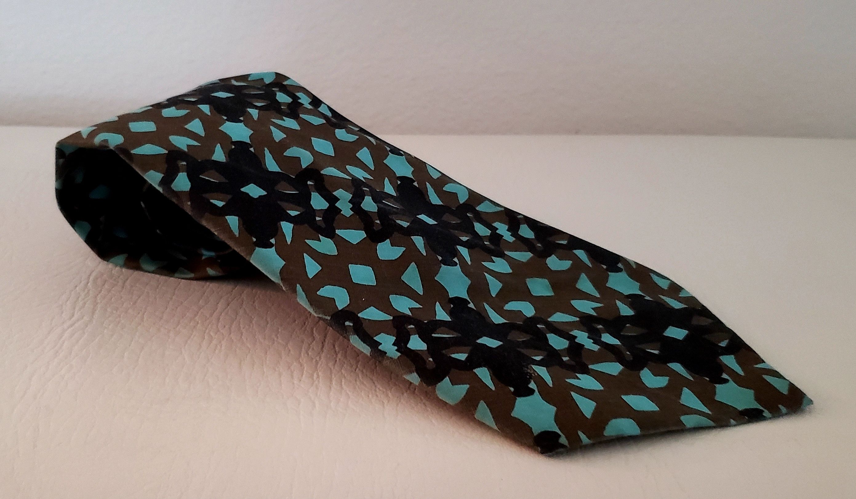 Vintage mod geometric neck tie 1970s cotton olive turquoise Size ONE SIZE - 1 Thumbnail