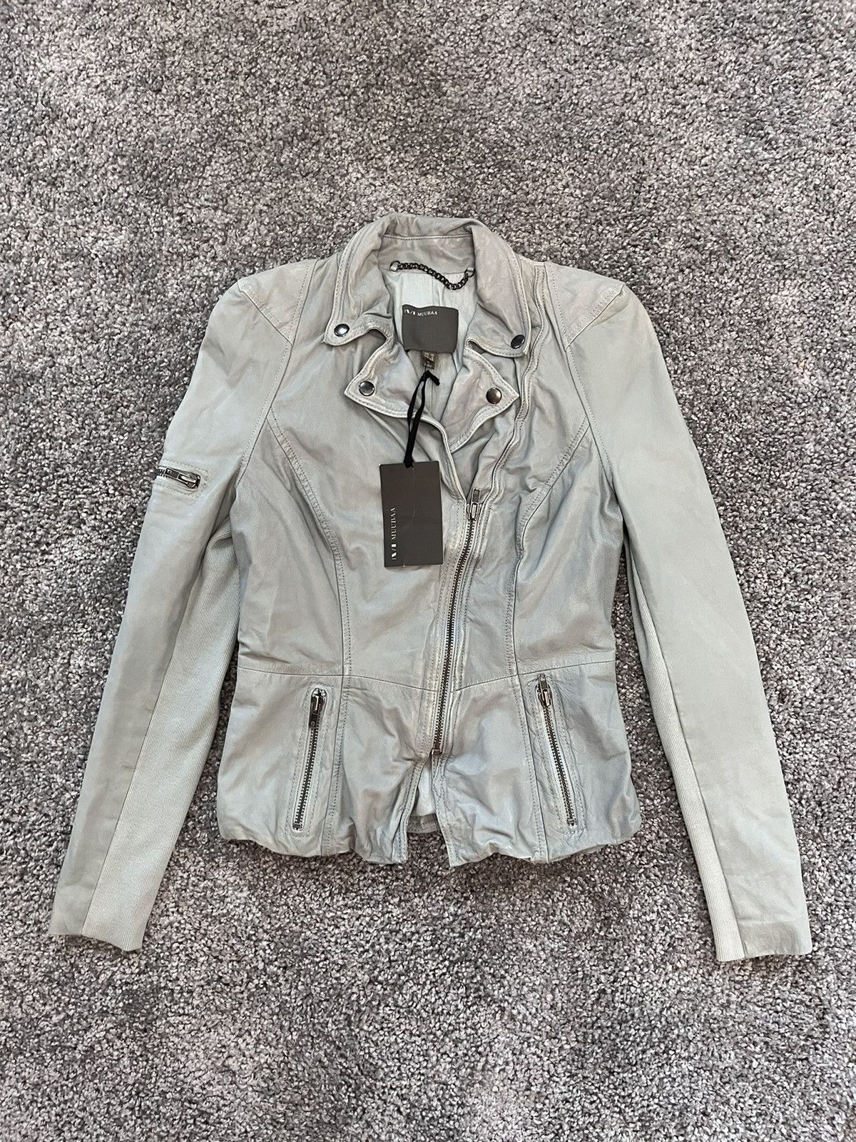 MUUBAA New Bovaye Drape Leather Jacket Charcoal Grey