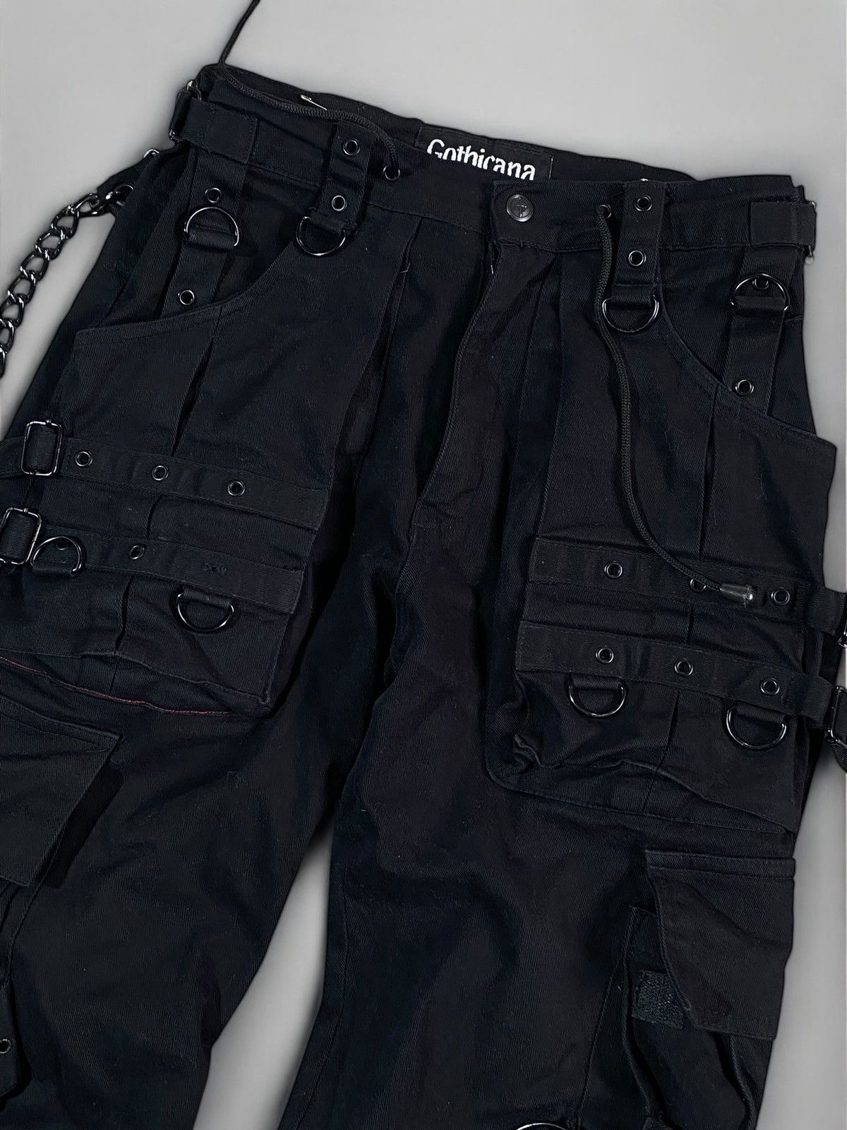 Other 🔥 Y2k GOTHICANA BLACK STRAP PANTS CHAINS CYBER RAVE VIBES Size US 32 / EU 48 - 5 Thumbnail
