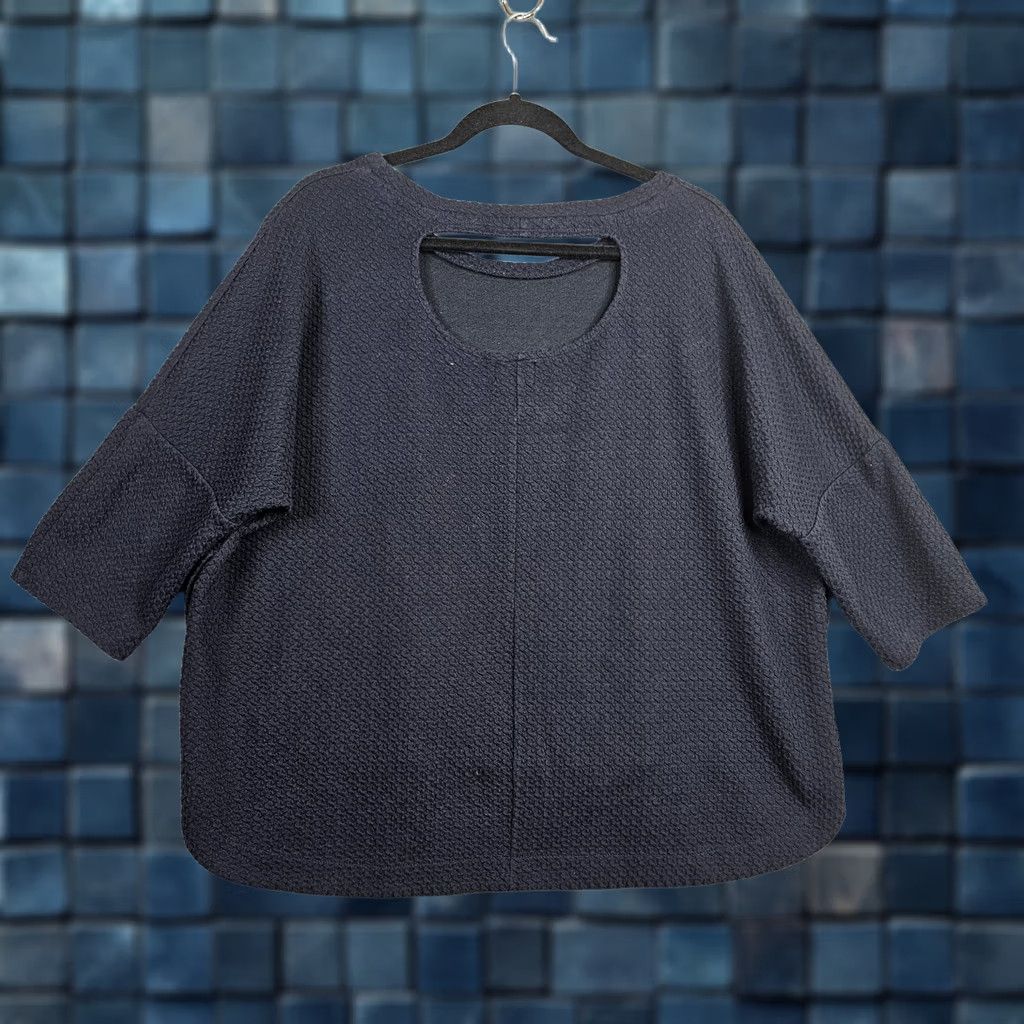 Anthropologie Deletta Navy Blue Knit Top Side Button Textured Boxy Back Cutout Round Neck Short Sleeve L Regular Womens Shirt Size L / US 10 / IT 46 - 1 Thumbnail