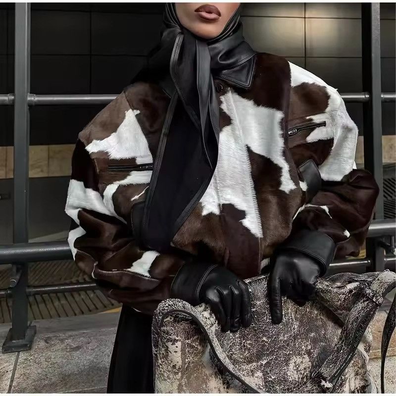 Other Retro Cow Print Zipper Autumn Streetwear Coat Jacket Size S / US 4 / IT 40 - 1 Thumbnail