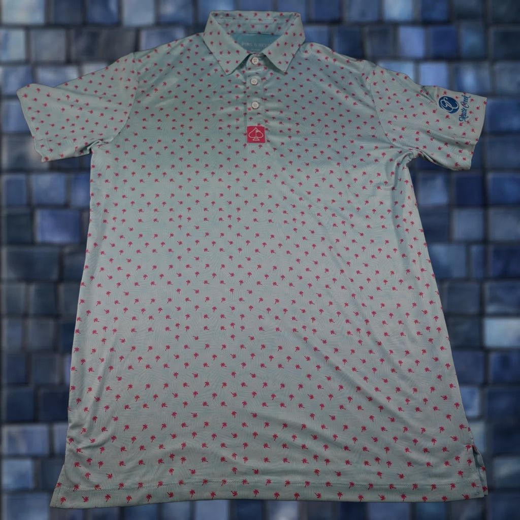 Vintage Pins & Aces Polo Shirt Mens M Blue Palm Tree Graphic Print Short Sleeve Golf Performance Jersey Polo Size US M / EU 48-50 / 2 - 1 Thumbnail