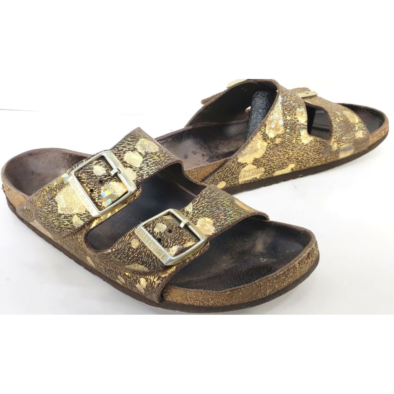 Birkenstock Birkenstock Arizona Big Buckle Brown Gold Speck Leather Slide Sandals 9M 40Euro Womens Casual Comfort Size US 9 / IT 39 - 2 Thumbnail