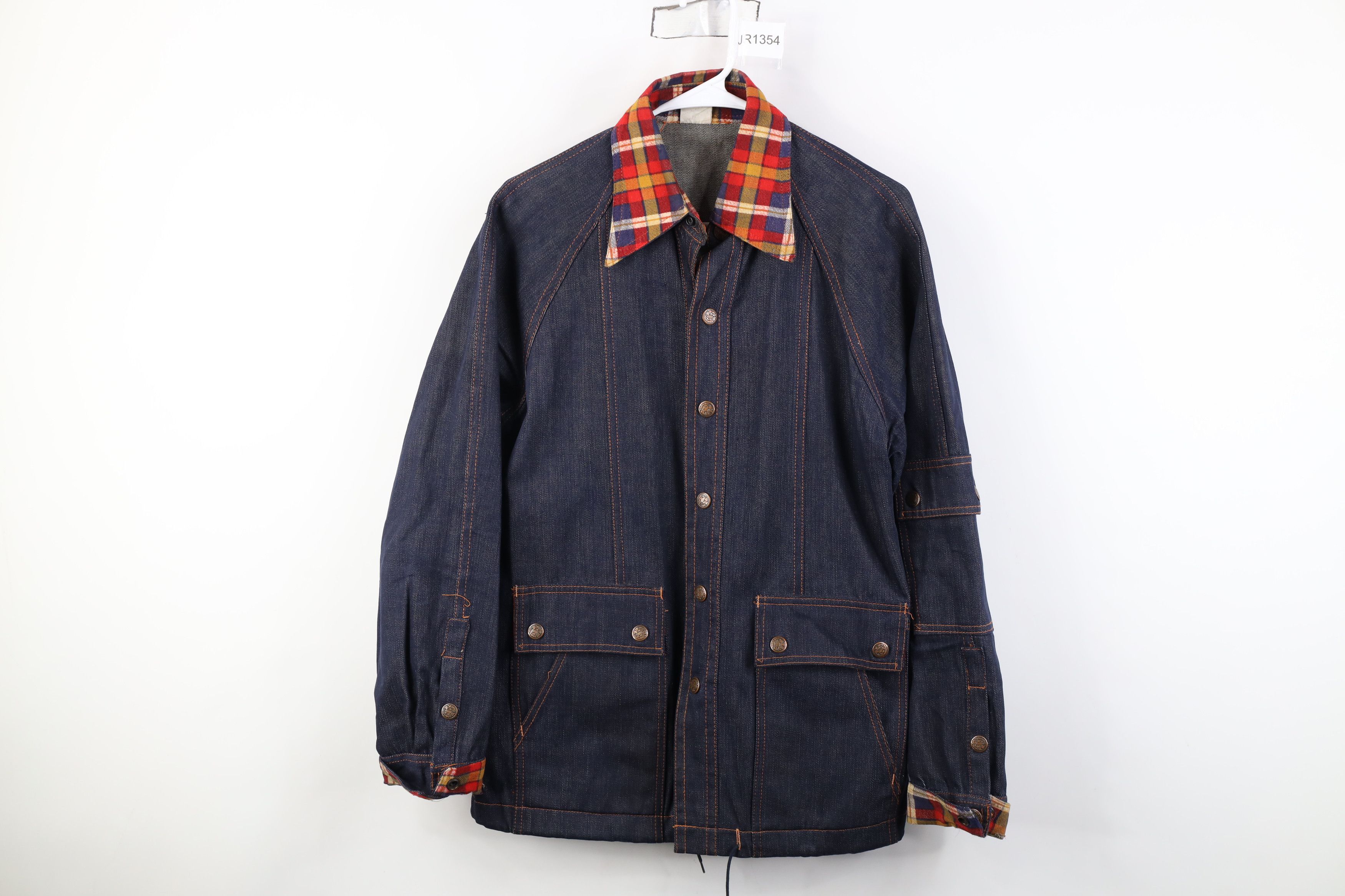 Vintage Vintage 70s Streetwear Plaid Trim Denim Chore Jacket Indigo Size US M / EU 48-50 / 2 - 1 Thumbnail