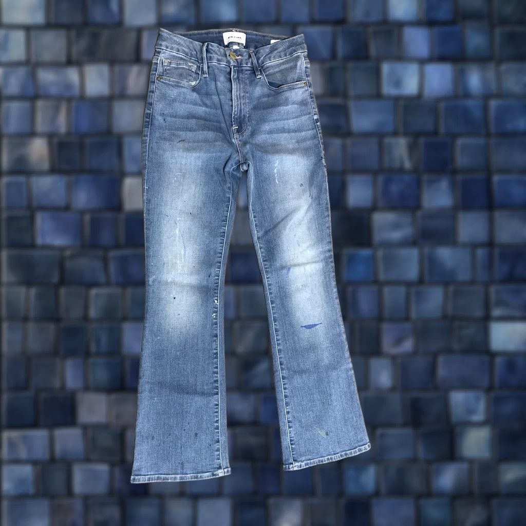 Frame FRAME Jeans Le Crop Flared Mini Boot Women 24x27 Paint Splatter Stretch Mid Rise Denim Cotton Blend Blue 27 Inseam Womens Jeans Size 42" / US 20 - 1 Thumbnail