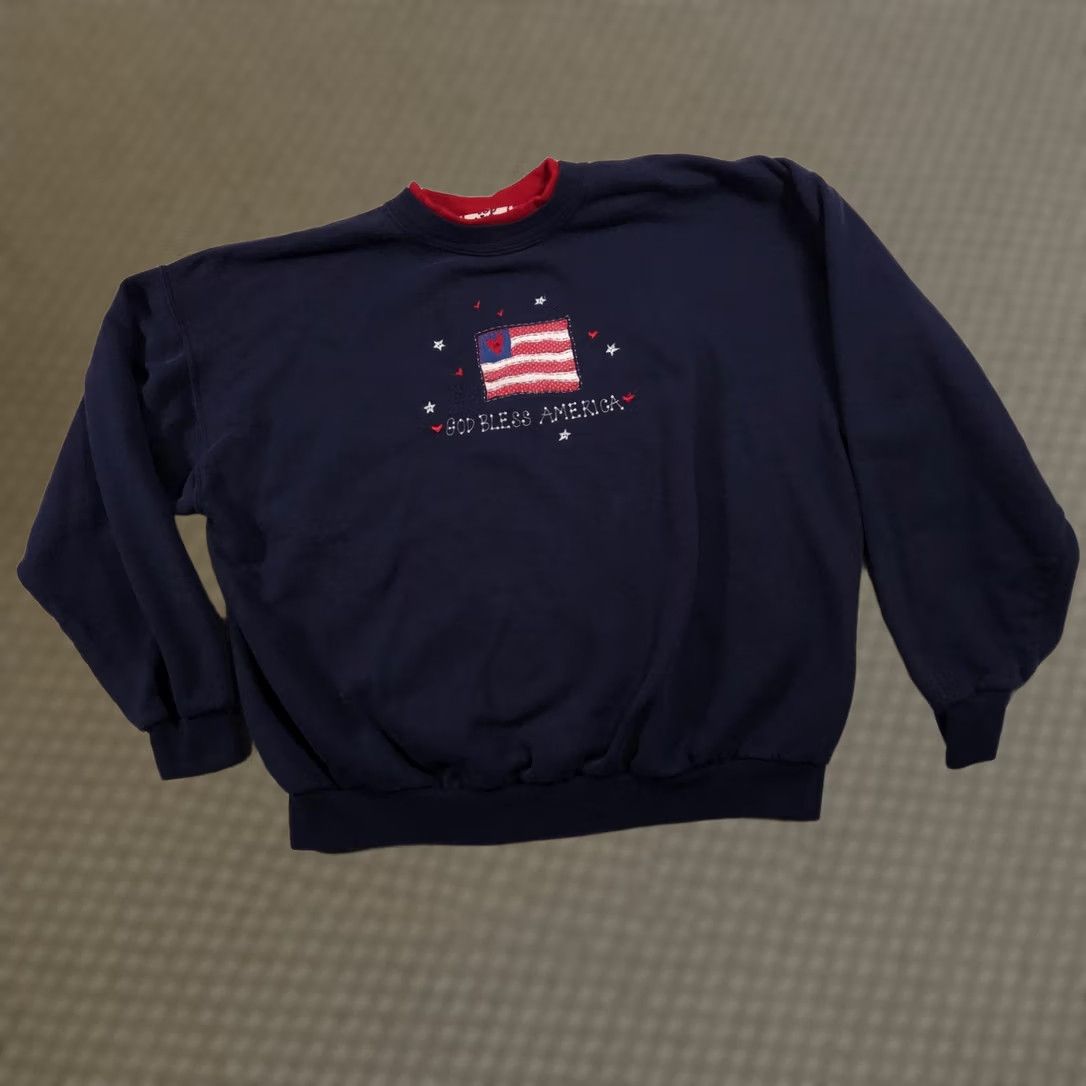 Vintage VINTAGE? Morning Sun Embroidered God Bless America USA Flag Navy XL Womens Sweatshirt Pullover Crewneck Embroidered Size XL / US 12-14 / IT 48-50 - 1 Thumbnail