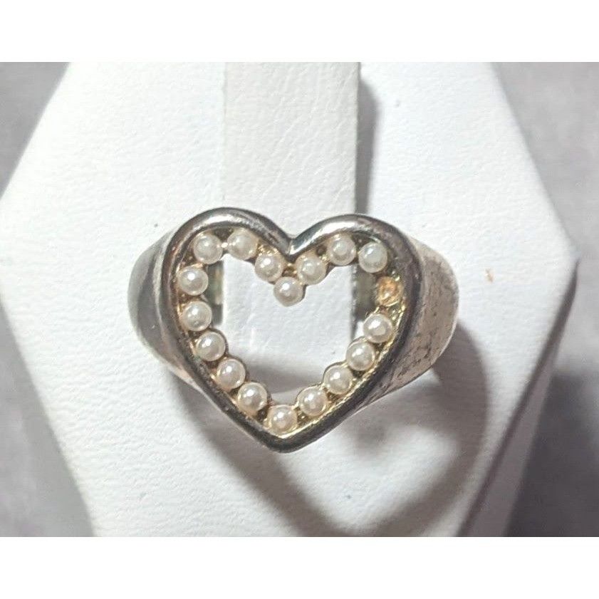 Other Vintage Open Heart Silver Tone Seed Pearl Ring Size 6 1/4 Size ONE SIZE - 1 Thumbnail