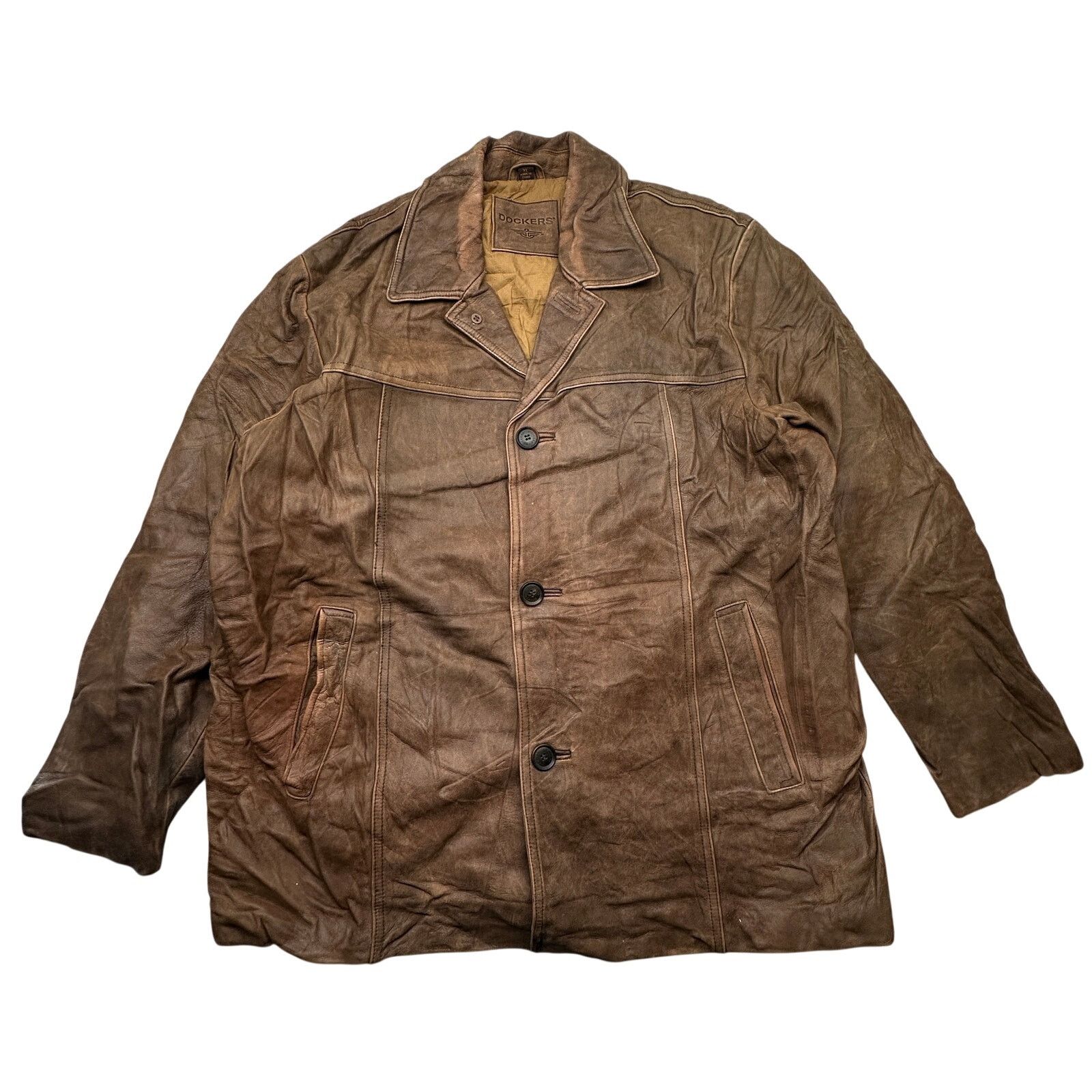 Dockers Vintage Dockers Brown Distressed Leather Coat Men XL Trench Size US XL / EU 56 / 4 - 1 Thumbnail