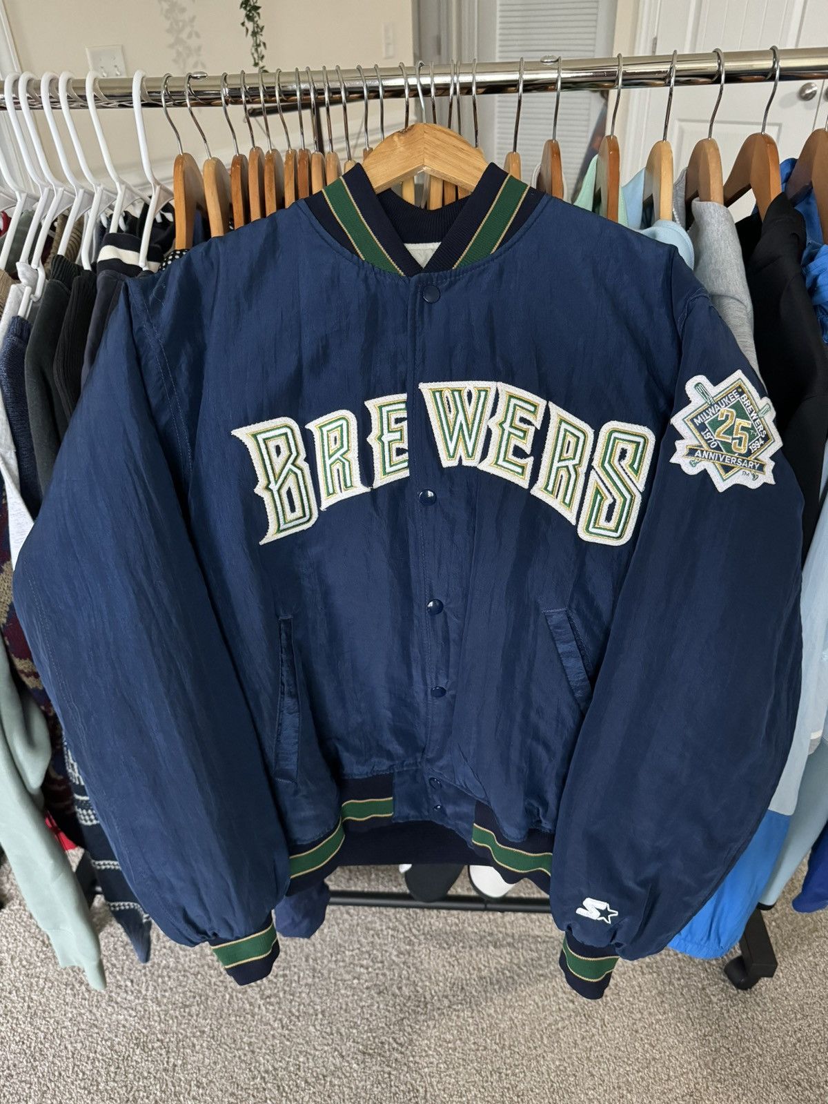 image of VTG 1994 Milwaukee Brewers 25Th Anniversary Starter Jacket in Navy, Men's (Size Large)