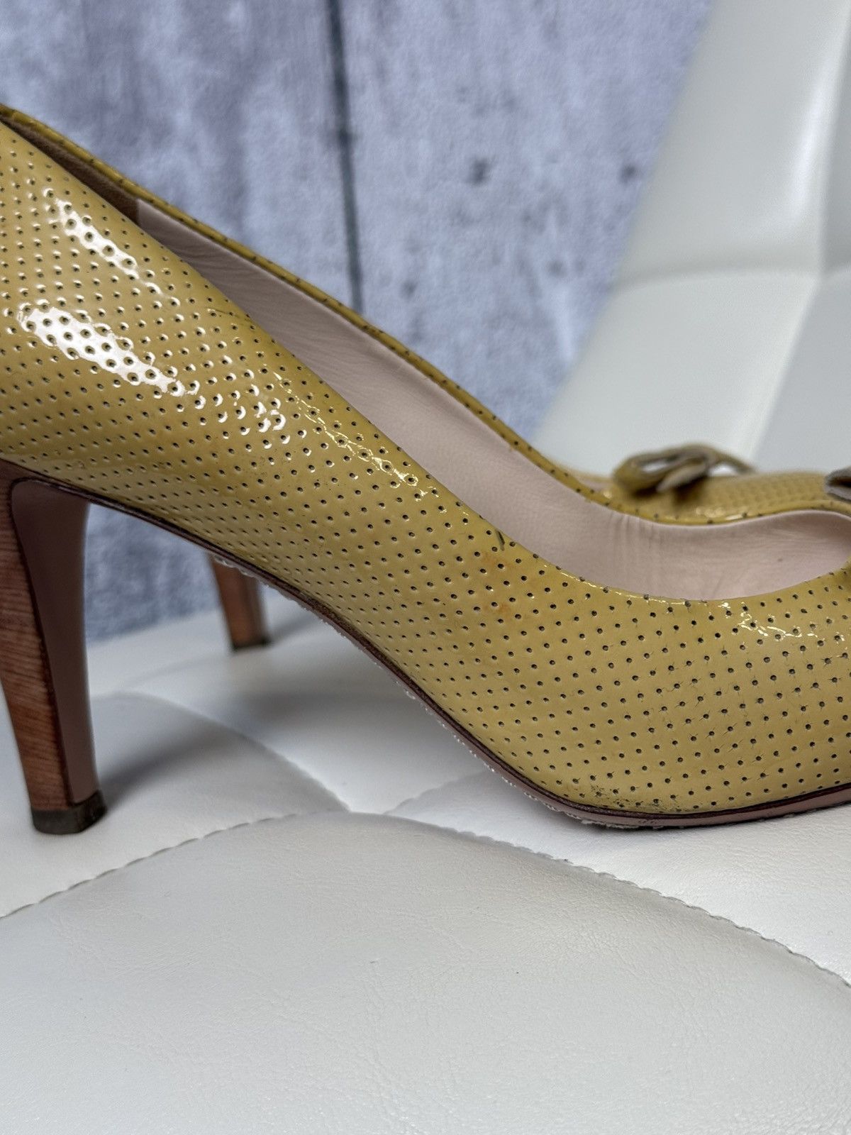 Prada Prada Sport Yellow Perforated Leather Bow Wooden Heel Pumps Size US 8 / IT 38 - 4 Thumbnail