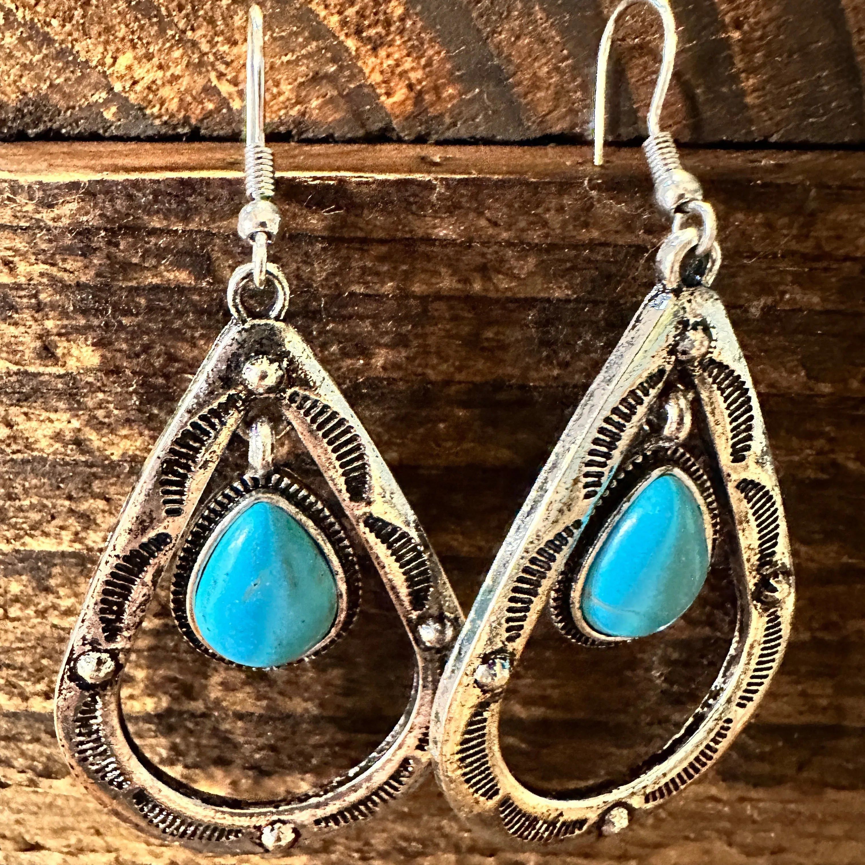 Other Boho Hippie Cowgirl Western Stamped Turquoise Teardrop Silve Size ONE SIZE - 2 Thumbnail