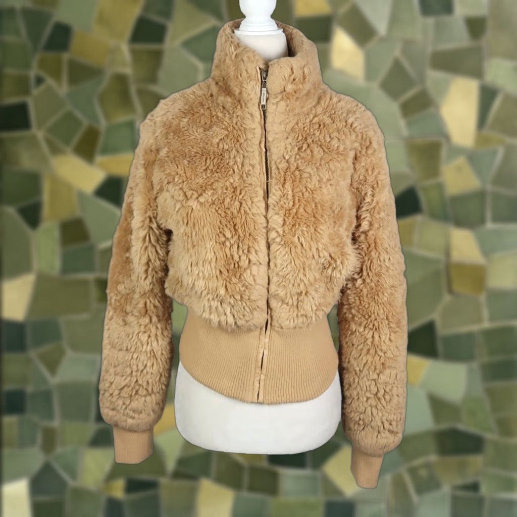 Vintage VINTAGE JouJou Tan Faux Fur Fluffy Bomber Jacket M Womens 90s Bohemian Zip Short Coat Casual 3/4 Sleeve - Length 20" Size M / US 6-8 / IT 42-44 - 1 Thumbnail
