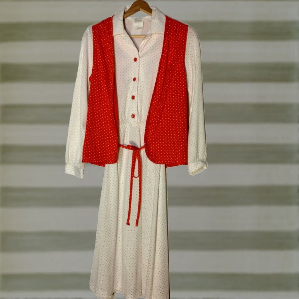 JCPenney VINTAGE JC Penney Dress Shirt Dress Womens 10 Red Polka Dot Midi Belted Waist 1970s ILGWU Size L / US 10 / IT 46 - 1 Thumbnail