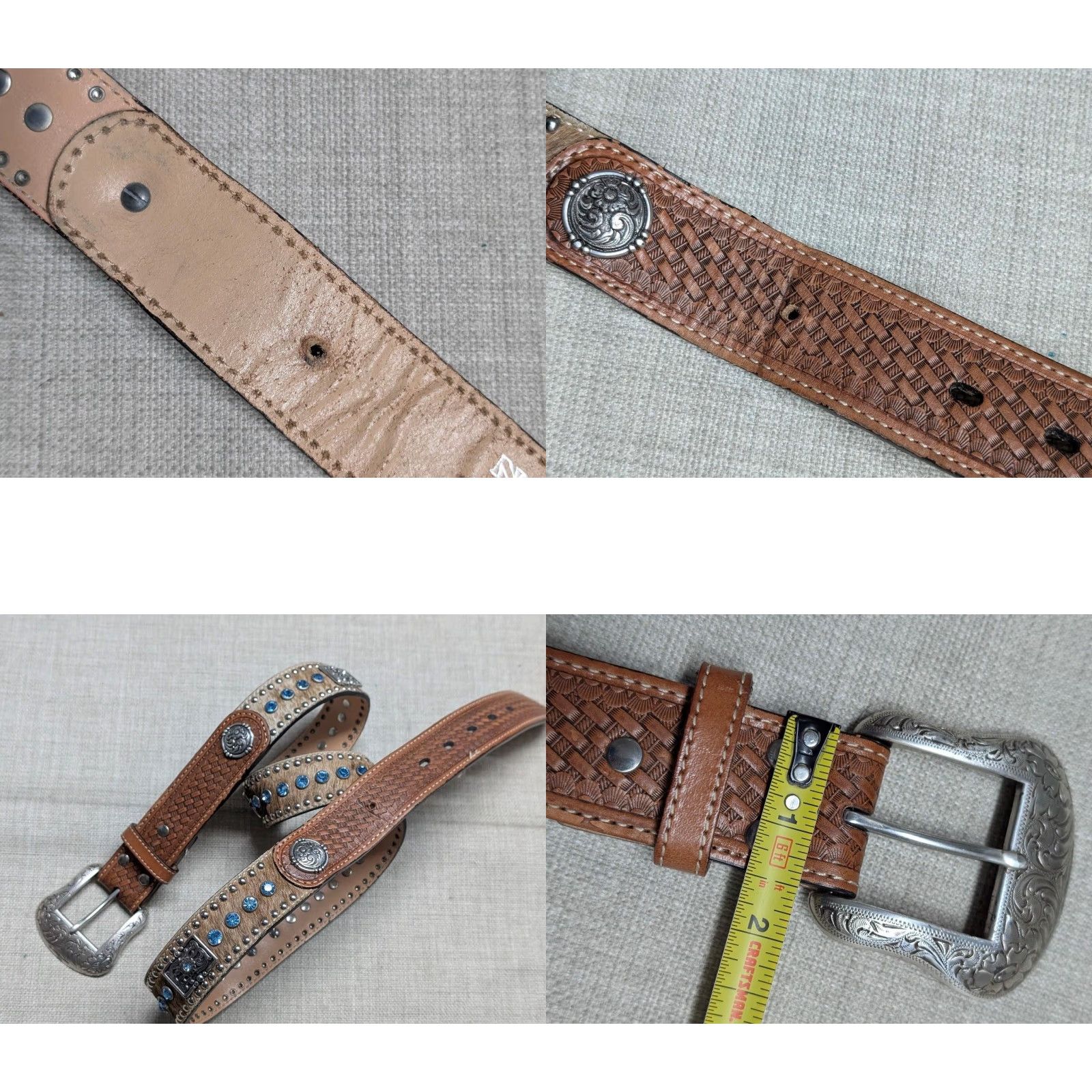 Vintage VINTAGE NOCONA belt Western Leather buckle studded cowhair ends Rhinestone 42 Size 42 - 9 Thumbnail