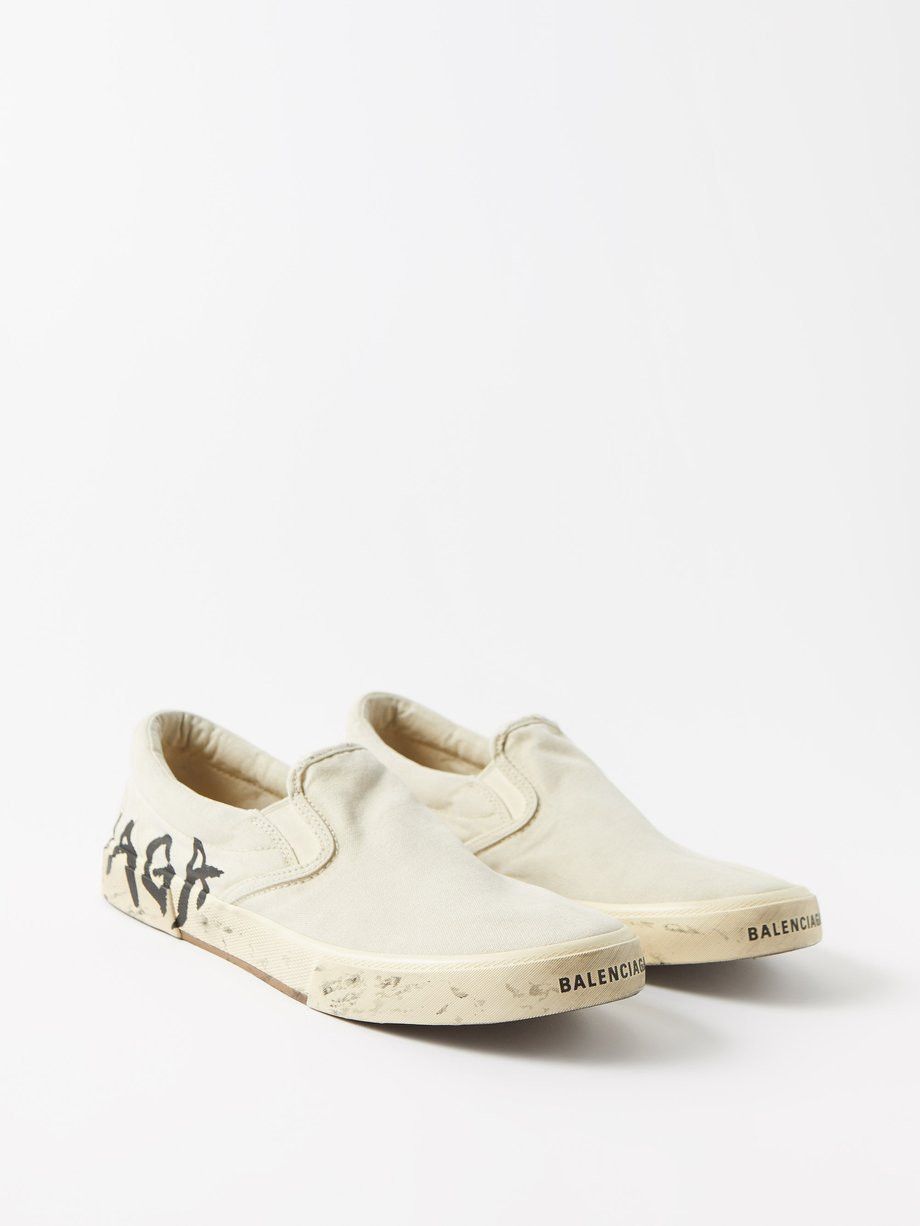 Balenciaga o1s1wg111124 Paris Slip On Graffiti Sneakers in Light Beige Size US 8 / EU 41 - 2 Thumbnail