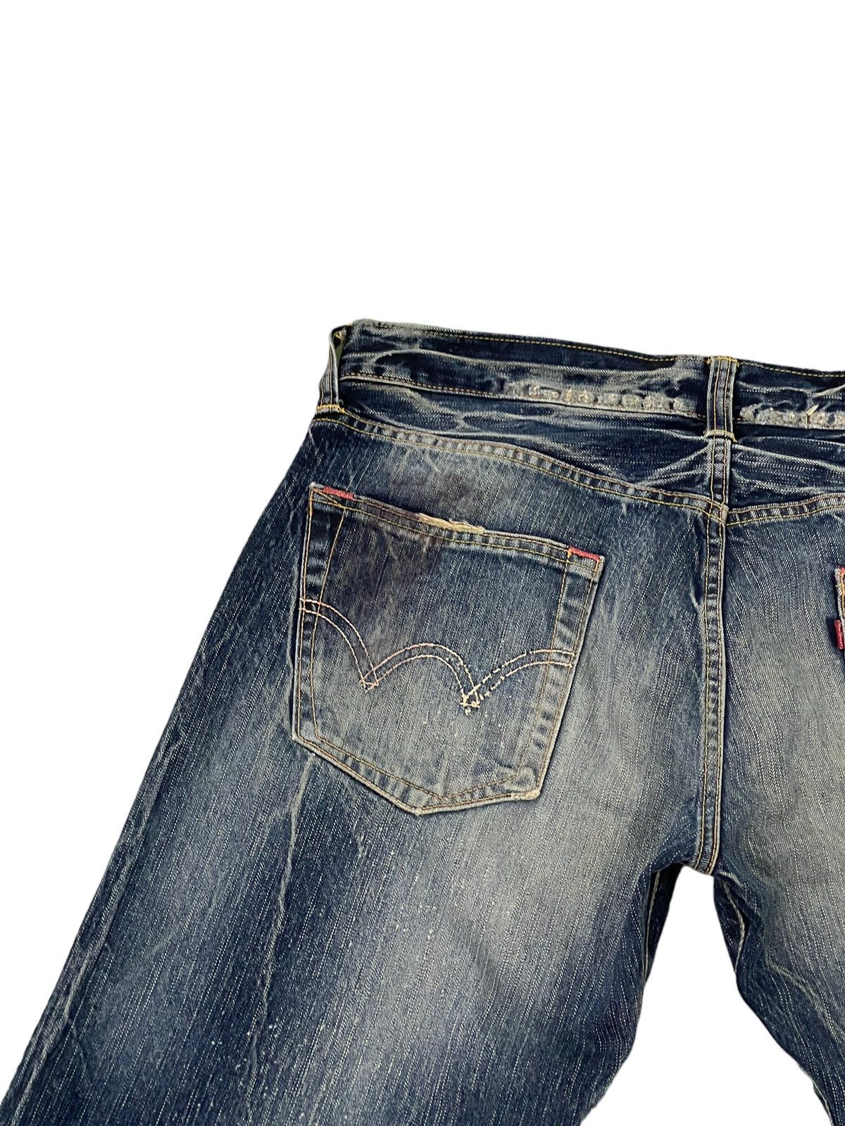Edwin Distress Patchwork Edwin Japan Faded Acid Wash Loose 7🟦4 Size US 35 - 19 Thumbnail