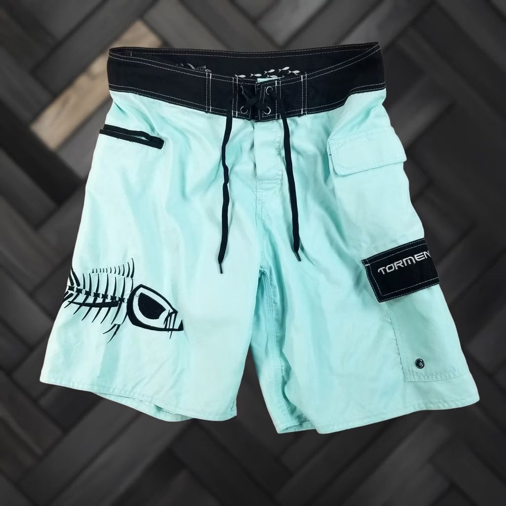 Vintage Tormenter Board Shorts Mens 34 Mint Green Fish Skeleton Cargo Pocket Swim Trunks Size US 34 / EU 50 - 1 Thumbnail