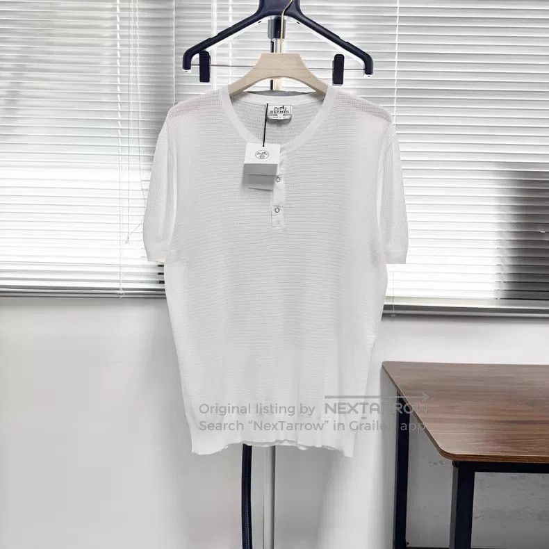 Hermes Hermes Short Sleeve T-Shirt, Waffle Henley Neck, White Size US L / EU 52-54 / 3 - 1 Thumbnail
