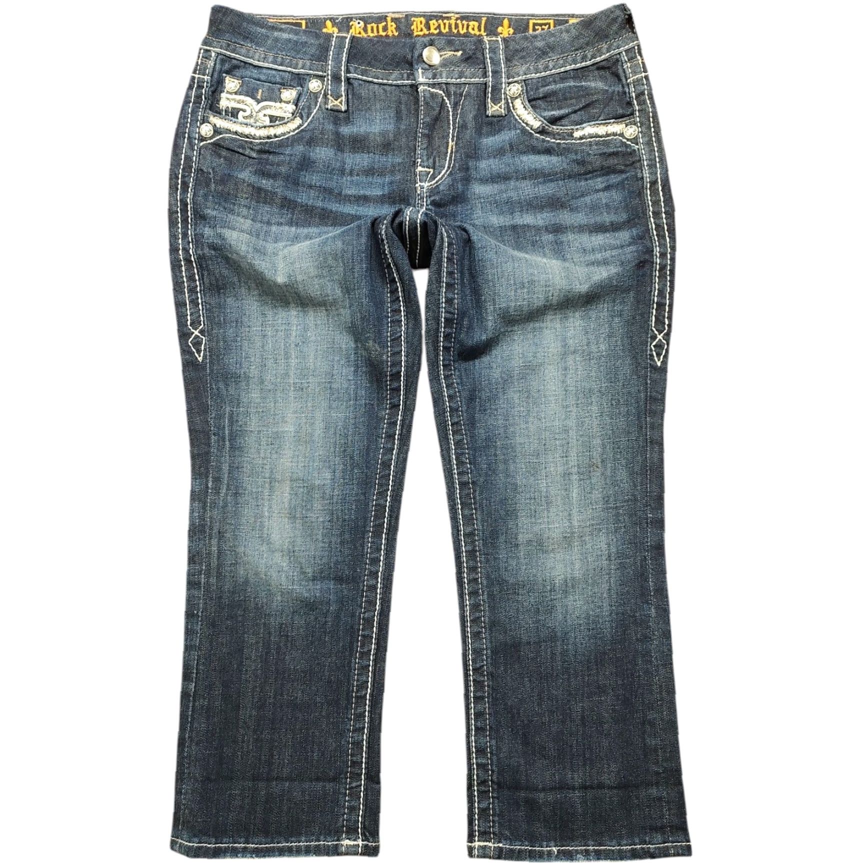 Vintage ROCK REVIVAL Womens Tag 27 Rubella Easy Capri Denim Blue Jeans Distress Pockets Size 27" / US 4 / IT 40 - 2 Thumbnail