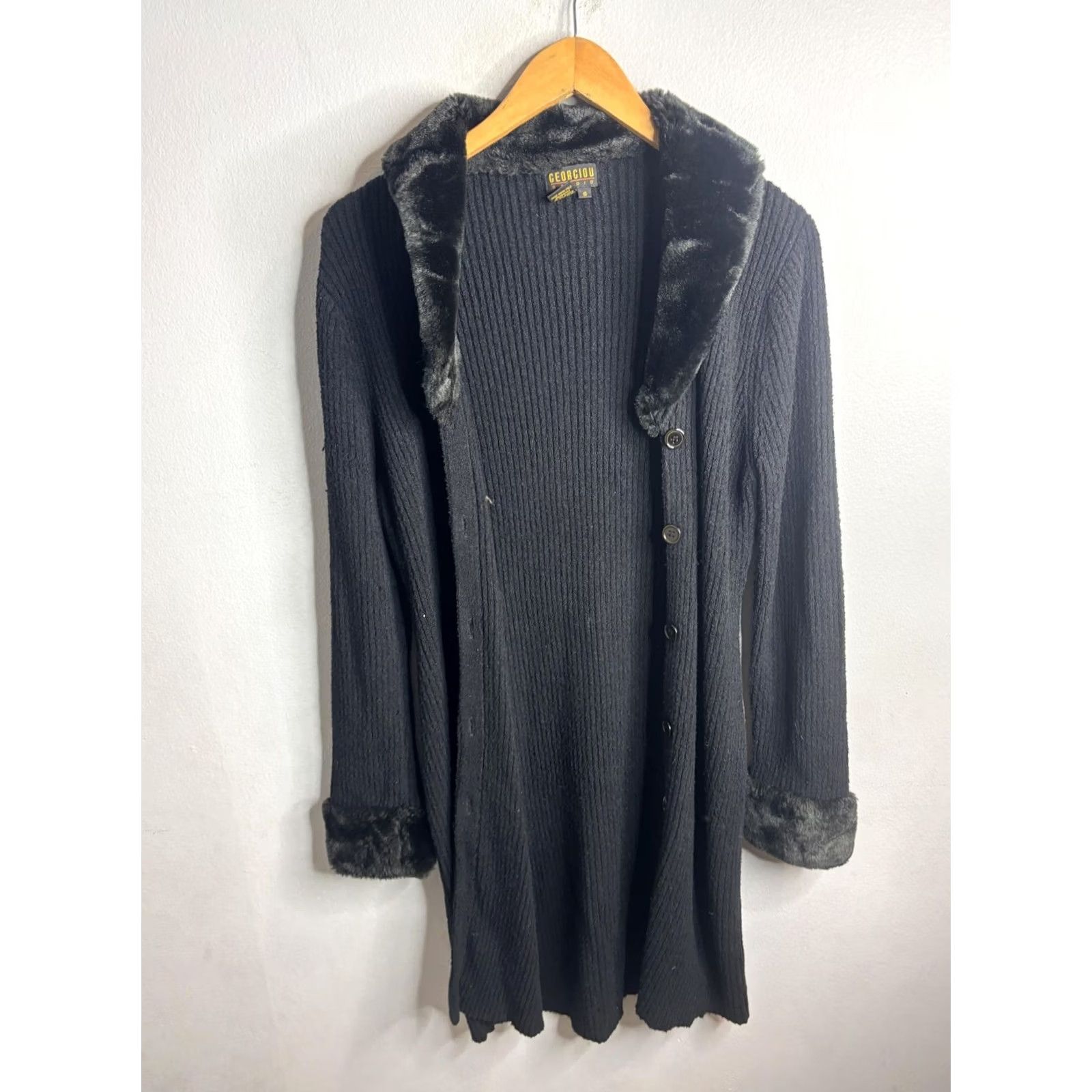 Vintage VINTAGE Georgiou Studio Cardigan Sweater Womens Small Black Faux Fur Trim Longline VTG Size S / US 4 / IT 40 - 2 Thumbnail