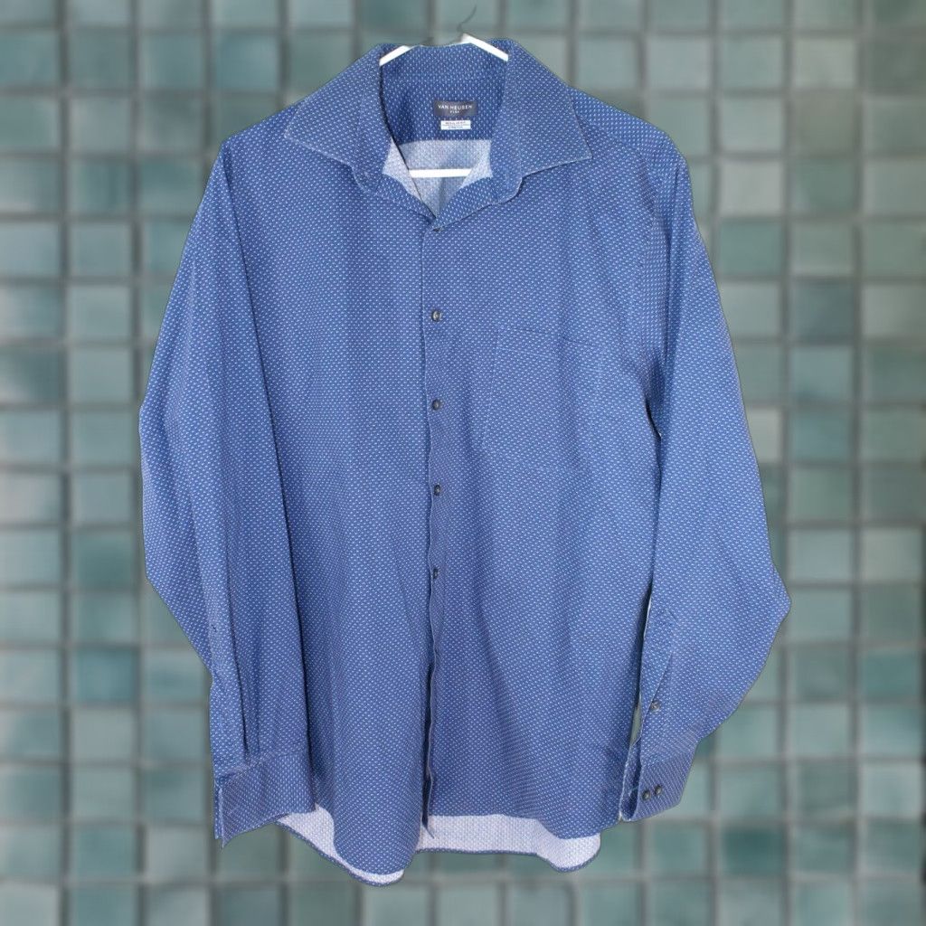 Van Heusen VAN HEUSEN Button-Up Shirt Geo Dots Reg Fit Stretch Men 16 L Blue Casual Polka Dot Long Sleeve Button-Up Shirt Size US L / EU 52-54 / 3 - 1 Thumbnail