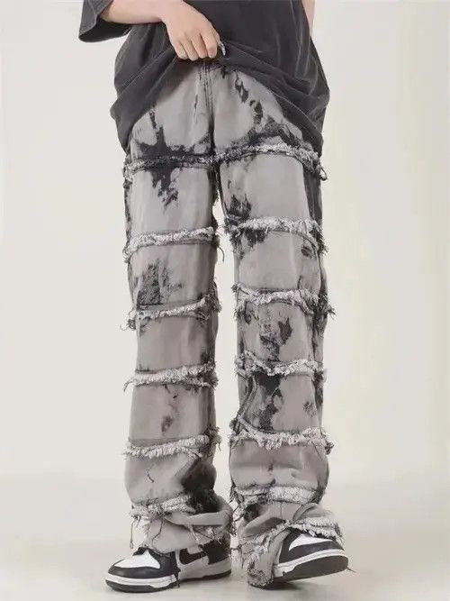 Jean Striped Tassel Frayed Straight Baggy Jeans Size US 32 / EU 48 - 2 Thumbnail