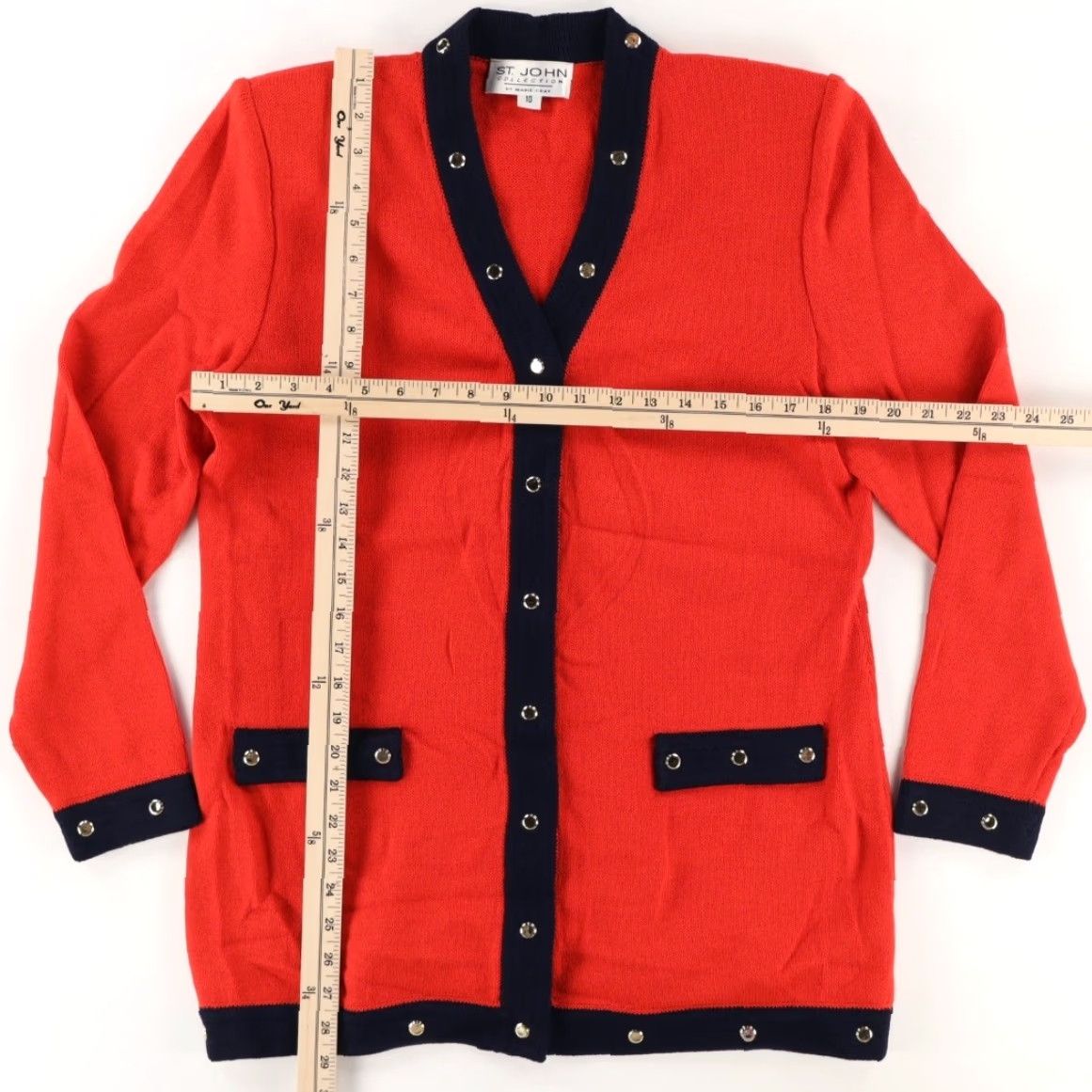 St. John St. John by Marie Gray Santana Knit Snap Cardigan Solid Red Women 10 Cardigan Sweater V-Neck Long Sleeve Shirt Size L / US 10 / IT 46 - 3 Thumbnail