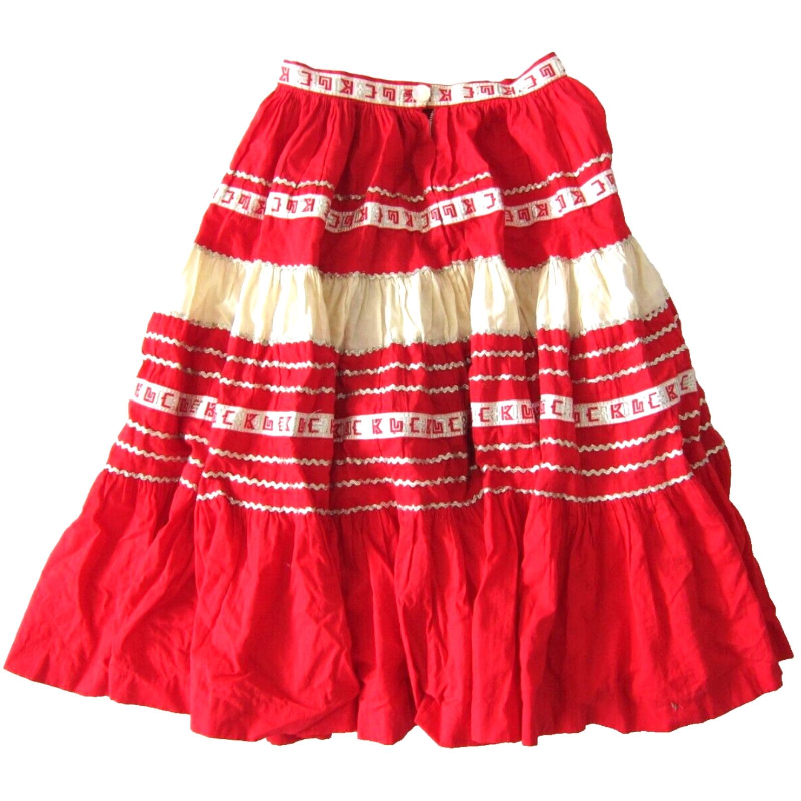 DANCER VINTAGE Handmade Red Ivory Cotton Embroidered Pettiskirt Square Dance XS Skirt Womens Vintage Cowboy Western Size 26" / US 2 / IT 38 - 2 Thumbnail