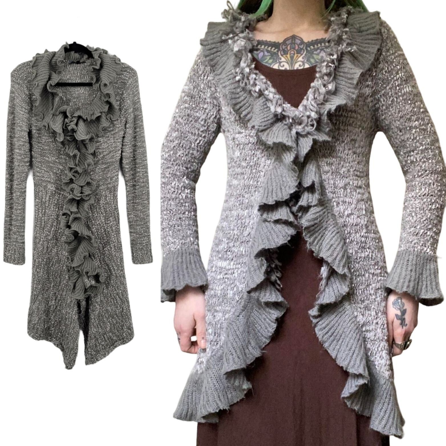 Vintage 90s Wool Ruffled Knit Cardigan Sweater Duster L Gray Fairy Size L / US 10 / IT 46 - 12 Thumbnail