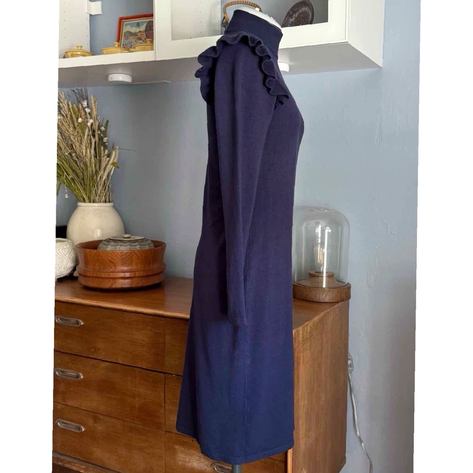 Michael Kors Michael Kors Navy Blue Ruffle Shoulder Sheath Viscose Blend Knit Dress Size S Size S / US 4 / IT 40 - 3 Thumbnail